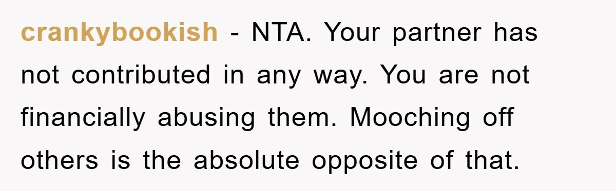 crankybookish − NTA. Your partner has not contributed in any way. You are not financially abusing them. Mooching off others is the absolute opposite of that.