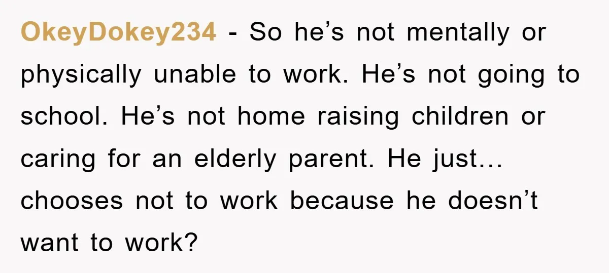 OkeyDokey234 − So he’s not mentally or physically unable to work. He’s not going to school. He’s not home raising children or caring for an elderly parent. He just… chooses...