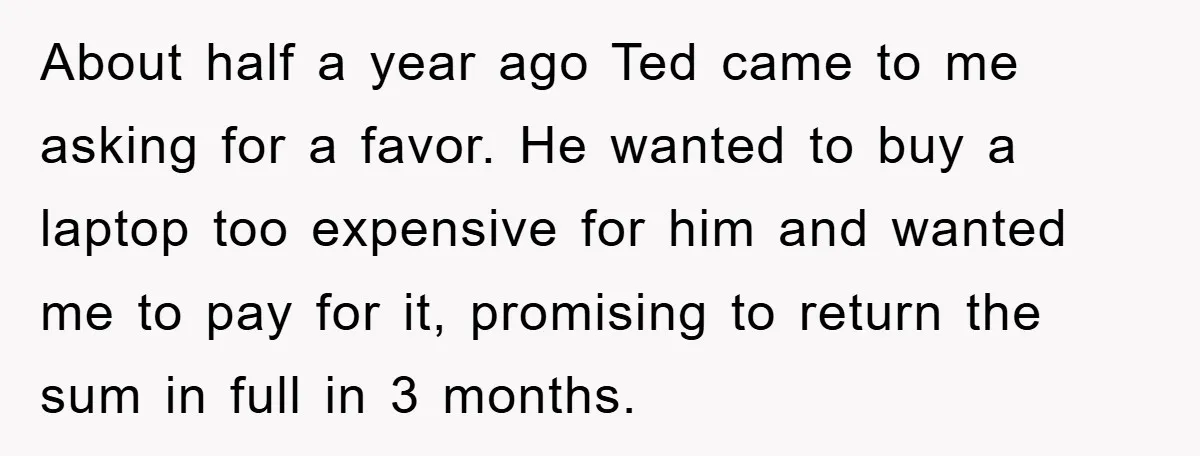 About half a year ago Ted came to me asking for a favor. He wanted to buy a laptop too expensive for him and wanted me to pay for it,...