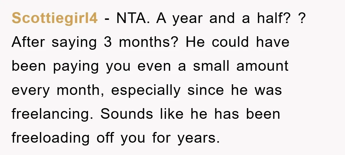 Scottiegirl4 − NTA. A year and a half? ? After saying 3 months? He could have been paying you even a small amount every month, especially since he was freelancing....