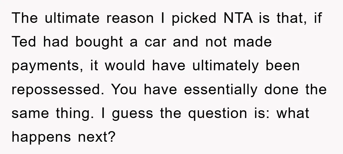 The ultimate reason I picked NTA is that, if Ted had bought a car and not made payments, it would have ultimately been repossessed. You have essentially done the same...