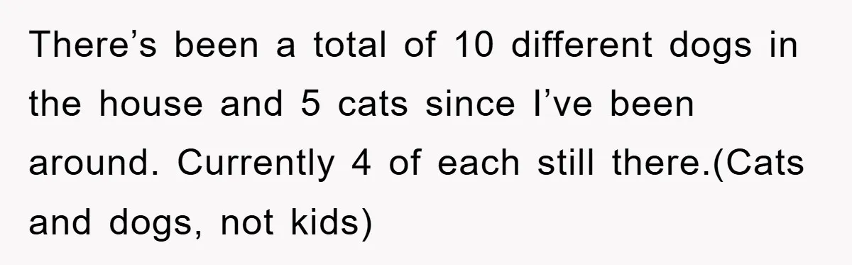 There’s been a total of 10 different dogs in the house and 5 cats since I’ve been around. Currently 4 of each still there.(Cats and dogs, not kids)