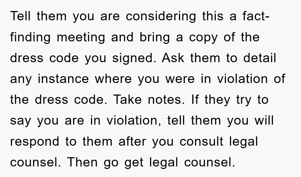 Tell them you are considering this a fact-finding meeting and bring a copy of the dress code you signed. Ask them to detail any instance where you were in violation...