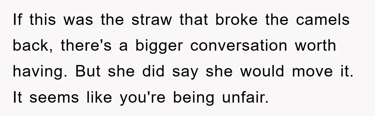 If this was the straw that broke the camels back, there's a bigger conversation worth having. But she did say she would move it. It seems like you're being unfair.