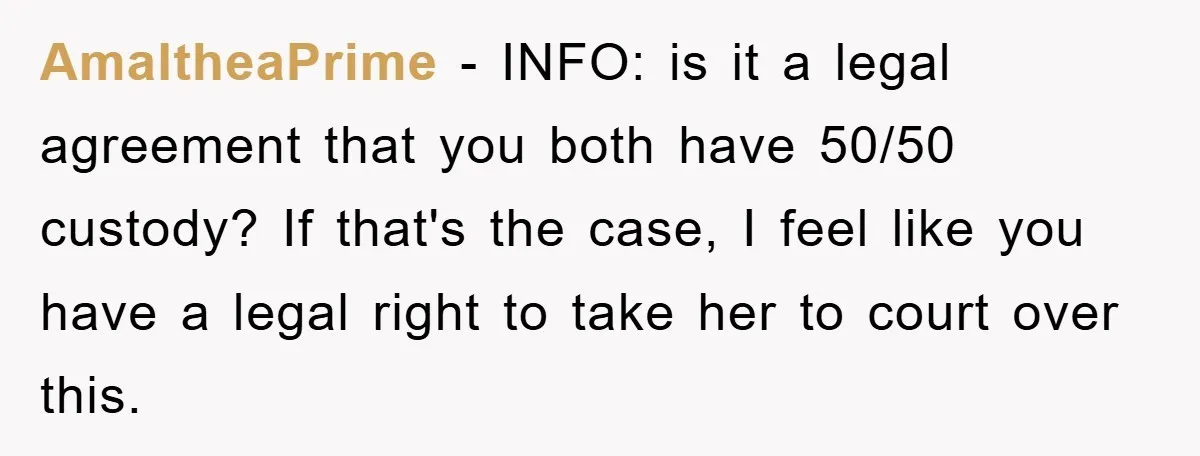 AmaltheaPrime − INFO: is it a legal agreement that you both have 50/50 custody? If that's the case, I feel like you have a legal right to take her to...