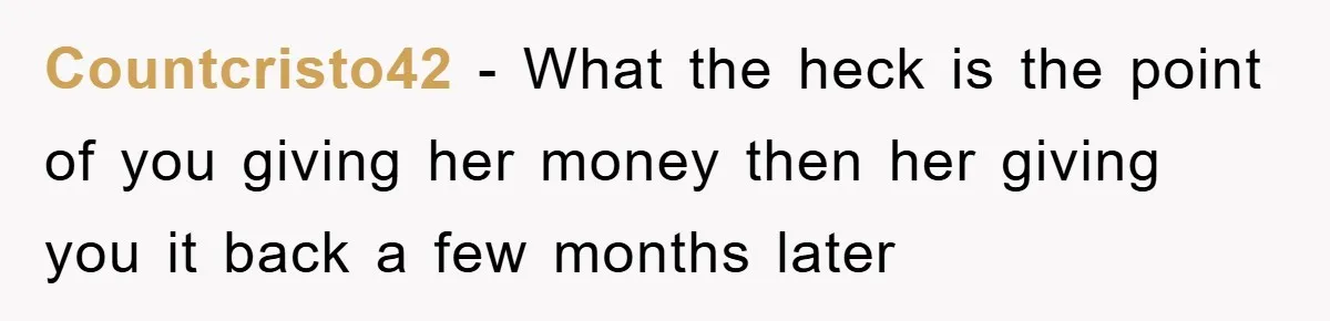 Countcristo42 − What the heck is the point of you giving her money then her giving you it back a few months later