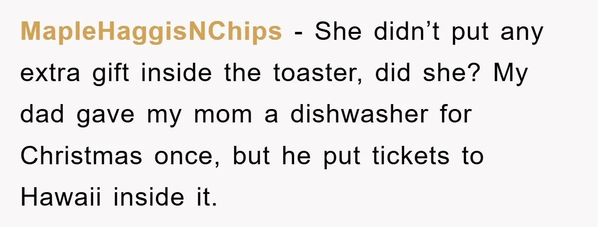 MapleHaggisNChips − She didn’t put any extra gift inside the toaster, did she? My dad gave my mom a dishwasher for Christmas once, but he put tickets to Hawaii inside...