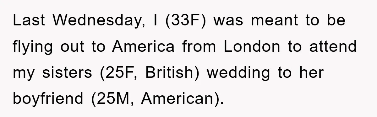 Last Wednesday, I (33F) was meant to be flying out to America from London to attend my sisters (25F, British) wedding to her boyfriend (25M, American).