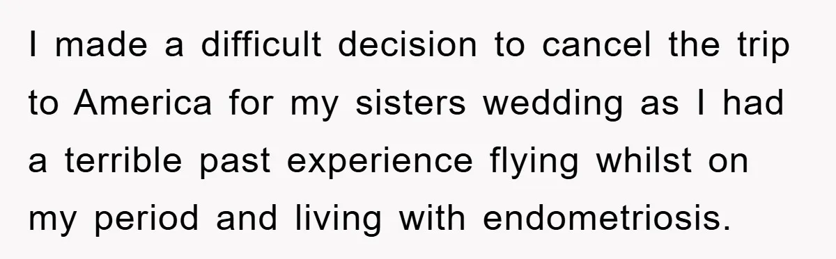 I made a difficult decision to cancel the trip to America for my sisters wedding as I had a terrible past experience flying whilst on my period and living with...