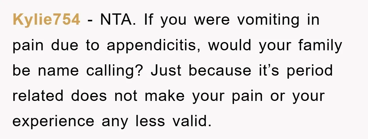 Kylie754 − NTA. If you were vomiting in pain due to appendicitis, would your family be name calling? Just because it’s period related does not make your pain or your...