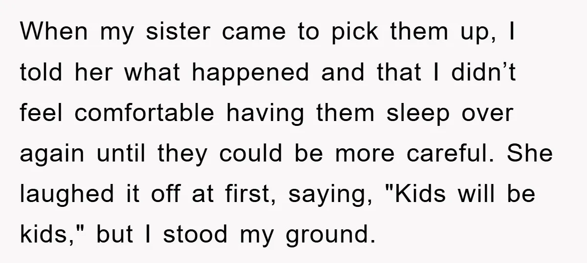 When my sister came to pick them up, I told her what happened and that I didn’t feel comfortable having them sleep over again until they could be more careful....