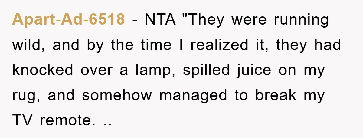 Apart-Ad-6518 − NTA "They were running wild, and by the time I realized it, they had knocked over a lamp, spilled juice on my rug, and somehow managed to break...