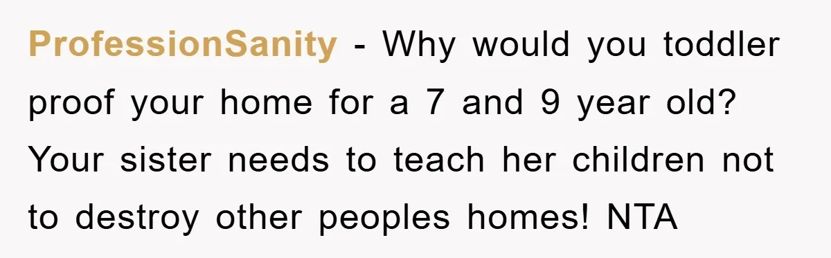 ProfessionSanity − Why would you toddler proof your home for a 7 and 9 year old? Your sister needs to teach her children not to destroy other peoples homes! NTA