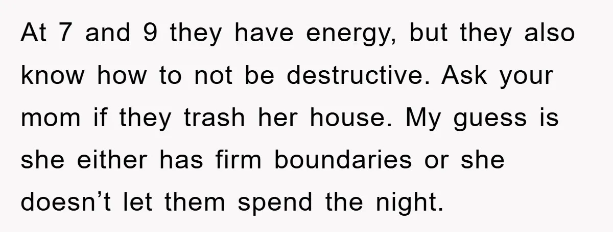 At 7 and 9 they have energy, but they also know how to not be destructive. Ask your mom if they trash her house. My guess is she either has...