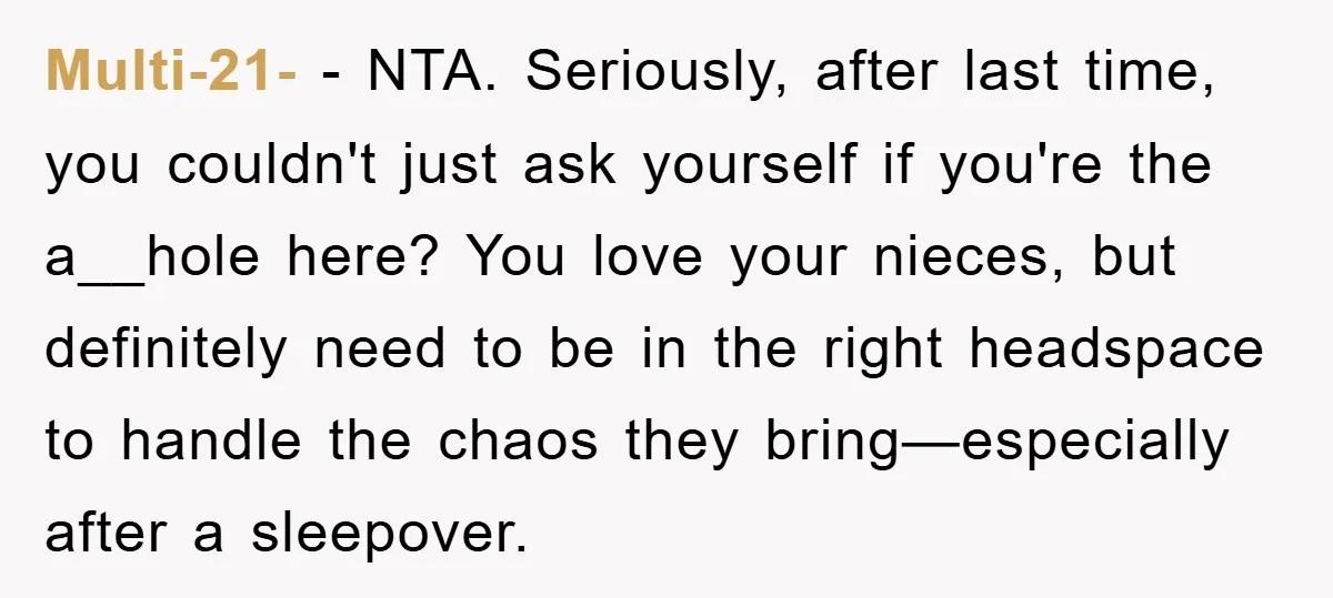 Multi-21- − NTA. Seriously, after last time, you couldn't just ask yourself if you're the a__hole here? You love your nieces, but definitely need to be in the right headspace...