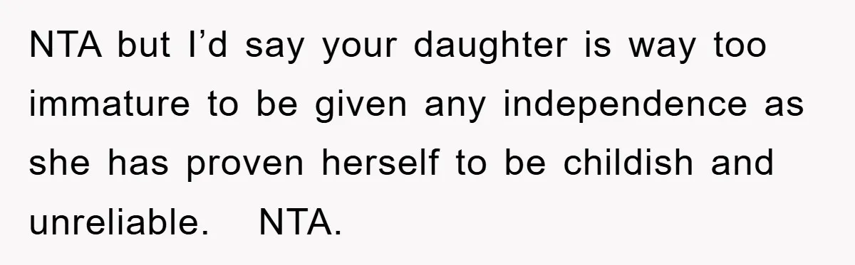 NTA but I’d say your daughter is way too immature to be given any independence as she has proven herself to be childish and unreliable. NTA.