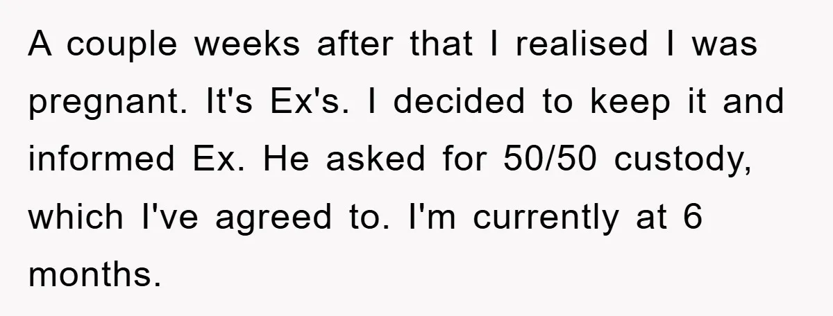 A couple weeks after that I realised I was pregnant. It's Ex's. I decided to keep it and informed Ex. He asked for 50/50 custody, which I've agreed to. I'm...