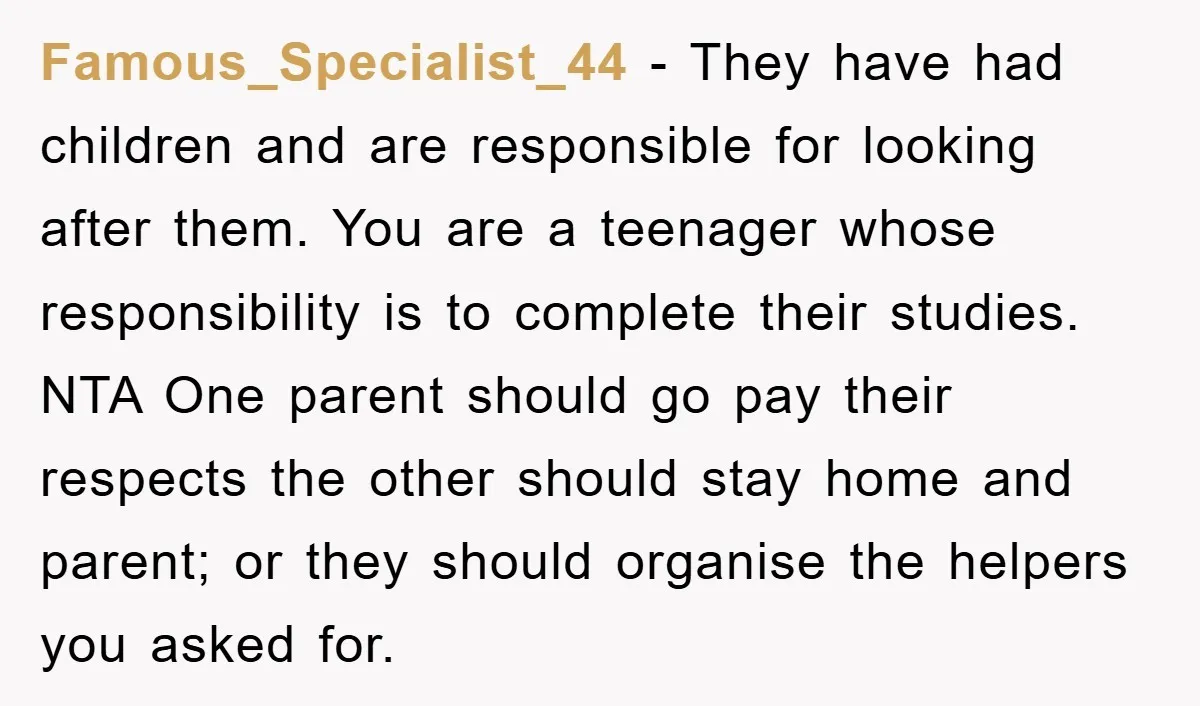 Famous_Specialist_44 − They have had children and are responsible for looking after them. You are a teenager whose responsibility is to complete their studies. NTA One parent should go pay...