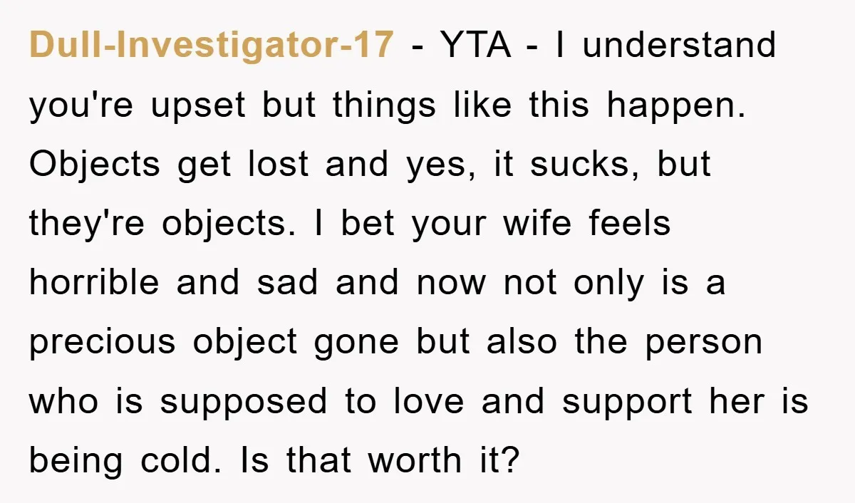 Dull-Investigator-17 − YTA - I understand you're upset but things like this happen. Objects get lost and yes, it sucks, but they're objects. I bet your wife feels horrible and...