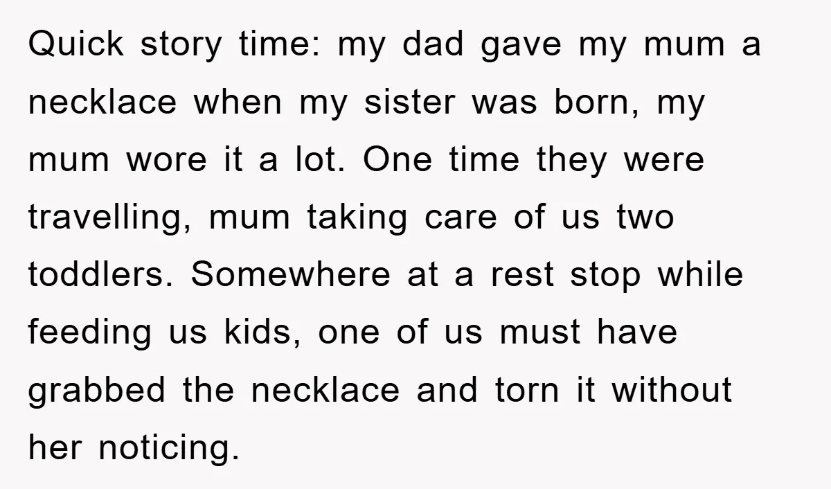 Quick story time: my dad gave my mum a necklace when my sister was born, my mum wore it a lot. One time they were travelling, mum taking care of...