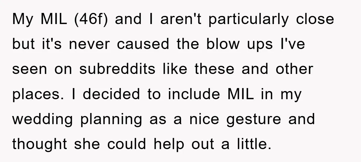 My MIL (46f) and I aren't particularly close but it's never caused the blow ups I've seen on subreddits like these and other places. I decided to include MIL in...