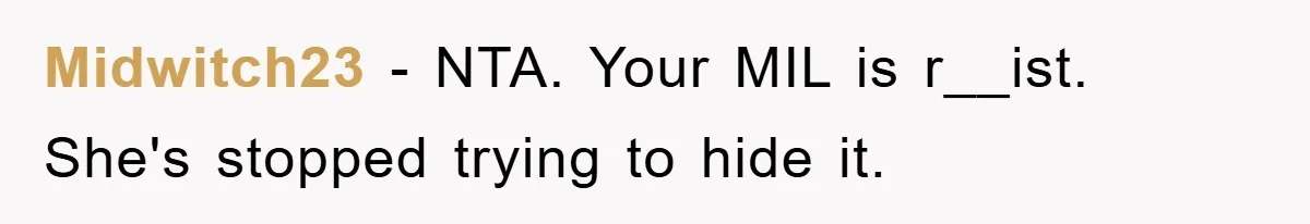 Midwitch23 − NTA. Your MIL is r__ist. She's stopped trying to hide it.