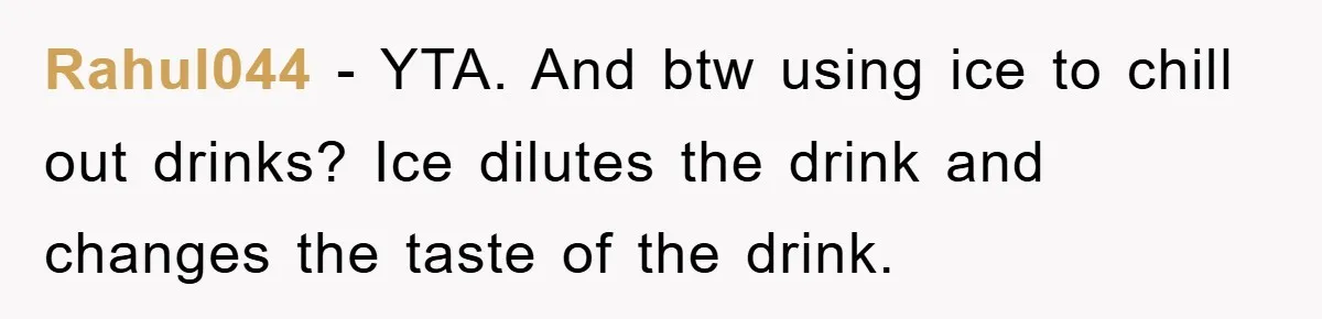 Rahul044 − YTA. And btw using ice to chill out drinks? Ice dilutes the drink and changes the taste of the drink.