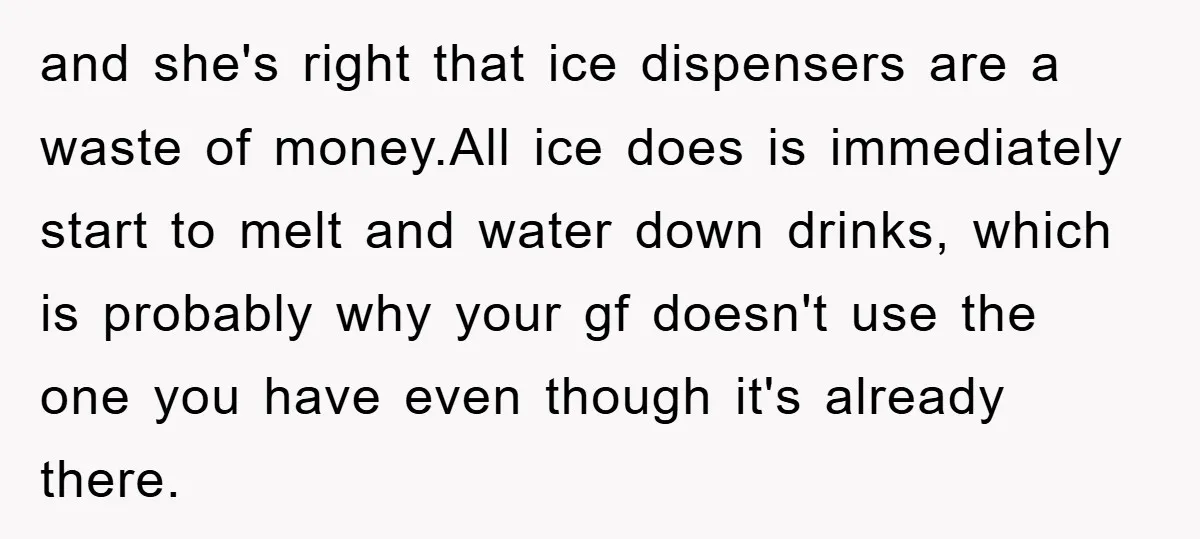 and she's right that ice dispensers are a waste of money.All ice does is immediately start to melt and water down drinks, which is probably why your gf doesn't use...