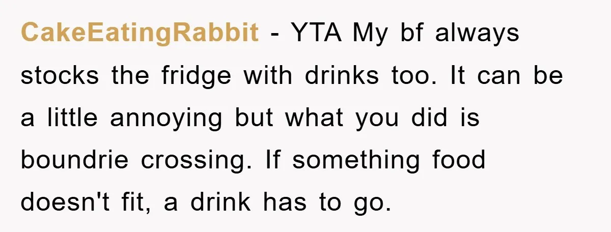 CakeEatingRabbit − YTA My bf always stocks the fridge with drinks too. It can be a little annoying but what you did is boundrie crossing. If something food doesn't fit,...