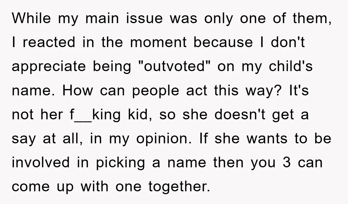 While my main issue was only one of them, I reacted in the moment because I don't appreciate being "outvoted" on my child's name. How can people act this way?...
