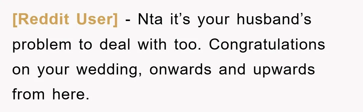 [Reddit User] − Nta it’s your husband’s problem to deal with too. Congratulations on your wedding, onwards and upwards from here.