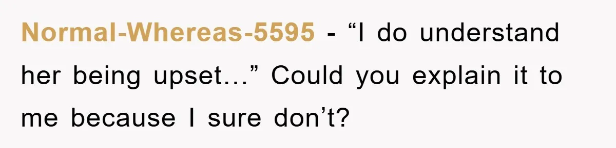 Normal-Whereas-5595 − “I do understand her being upset…” Could you explain it to me because I sure don’t?