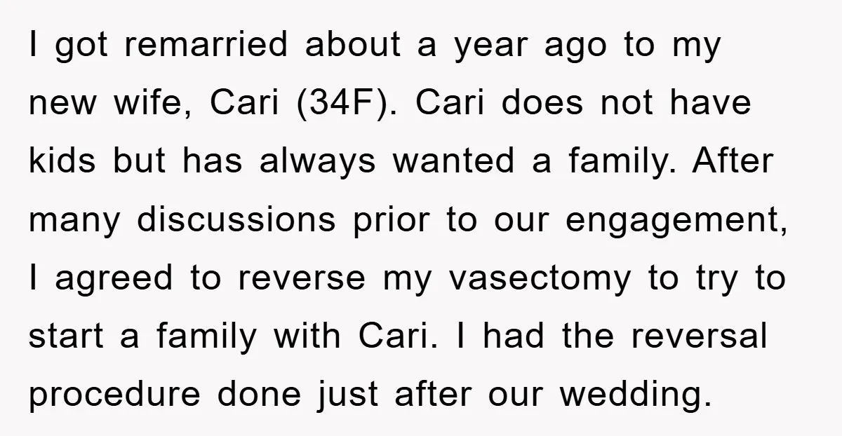 I got remarried about a year ago to my new wife, Cari (34F). Cari does not have kids but has always wanted a family. After many discussions prior to our...