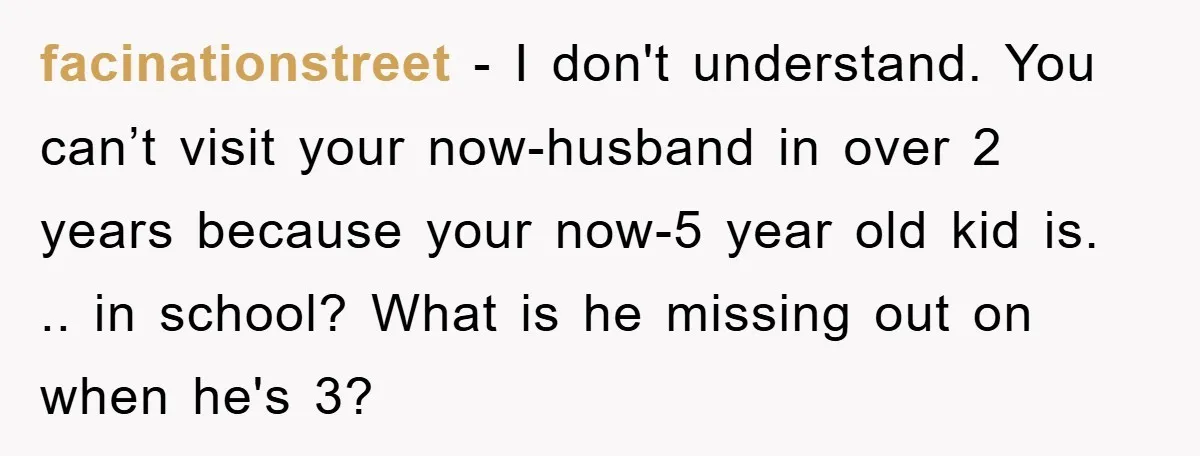 facinationstreet − I don't understand. You can’t visit your now-husband in over 2 years because your now-5 year old kid is. .. in school? What is he missing out on...
