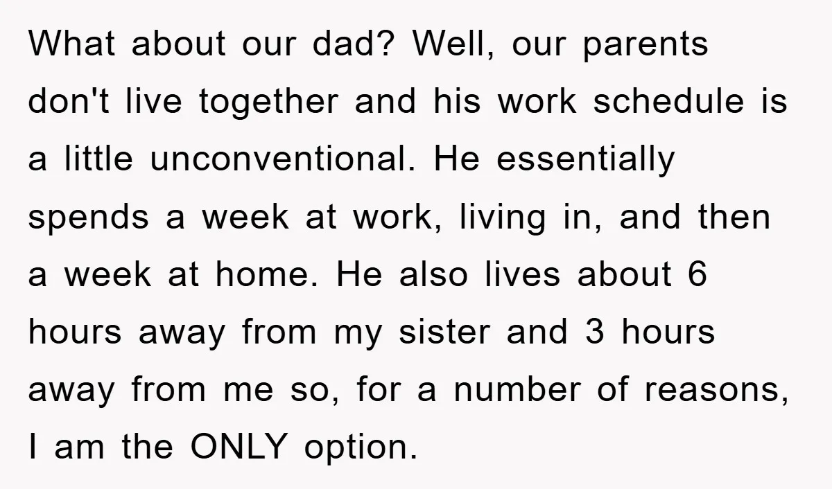 What about our dad? Well, our parents don't live together and his work schedule is a little unconventional. He essentially spends a week at work, living in, and then a...
