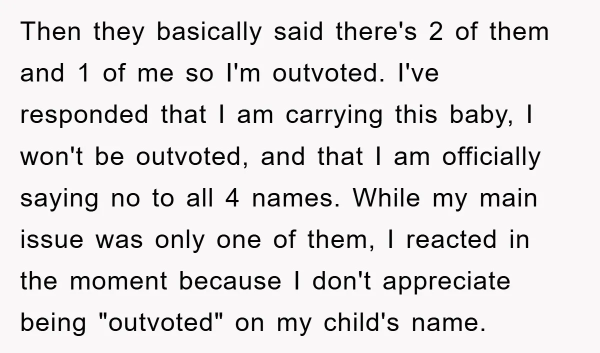 Then they basically said there's 2 of them and 1 of me so I'm outvoted. I've responded that I am carrying this baby, I won't be outvoted, and that I...