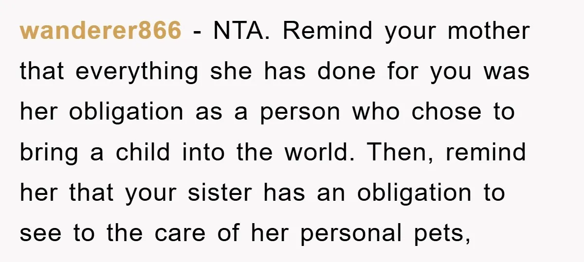 wanderer866 − NTA. Remind your mother that everything she has done for you was her obligation as a person who chose to bring a child into the world. Then, remind...