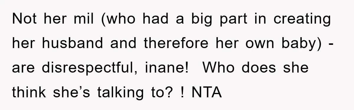 Not her mil (who had a big part in creating her husband and therefore her own baby) - are disrespectful, inane!  Who does she think she’s talking to? ! NTA