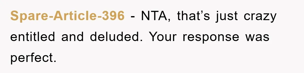 Spare-Article-396 − NTA, that’s just crazy entitled and deluded. Your response was perfect.