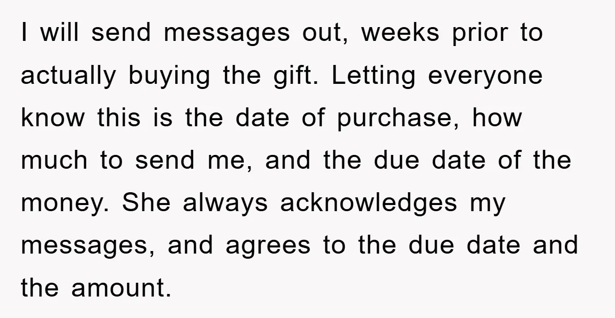 I will send messages out, weeks prior to actually buying the gift. Letting everyone know this is the date of purchase, how much to send me, and the due date...