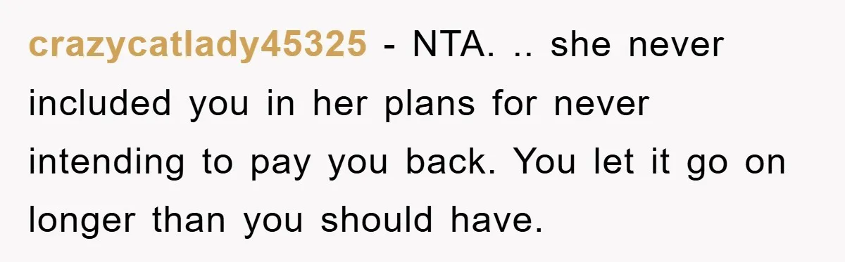 crazycatlady45325 − NTA. .. she never included you in her plans for never intending to pay you back. You let it go on longer than you should have.