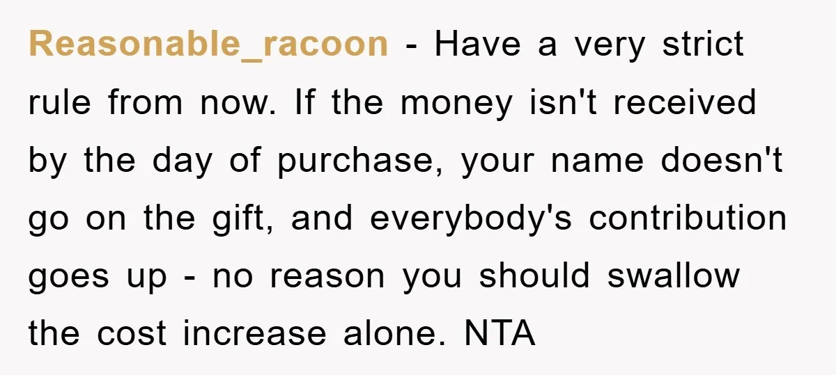 Reasonable_racoon − Have a very strict rule from now. If the money isn't received by the day of purchase, your name doesn't go on the gift, and everybody's contribution goes...