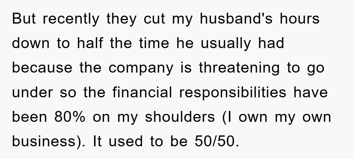 But recently they cut my husband's hours down to half the time he usually had because the company is threatening to go under so the financial responsibilities have been 80%...