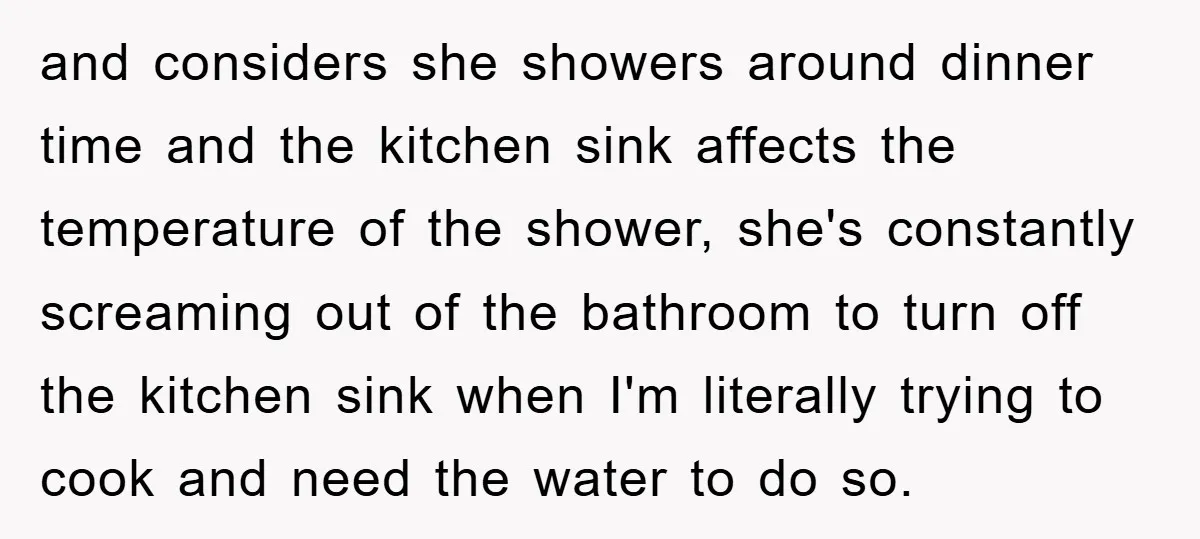 and considers she showers around dinner time and the kitchen sink affects the temperature of the shower, she's constantly screaming out of the bathroom to turn off the kitchen sink...