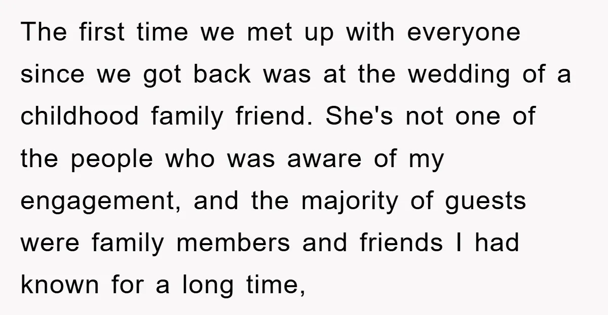 The first time we met up with everyone since we got back was at the wedding of a childhood family friend. She's not one of the people who was aware...
