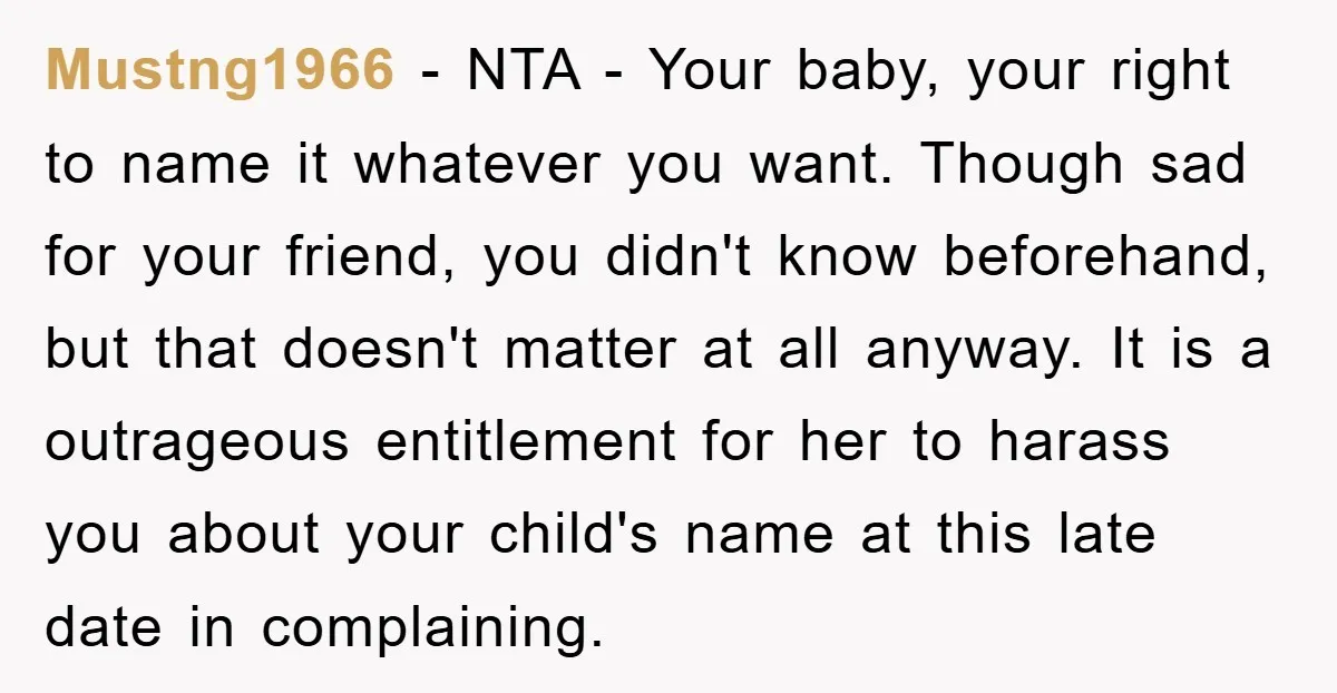 Mustng1966 − NTA - Your baby, your right to name it whatever you want. Though sad for your friend, you didn't know beforehand, but that doesn't matter at all anyway....