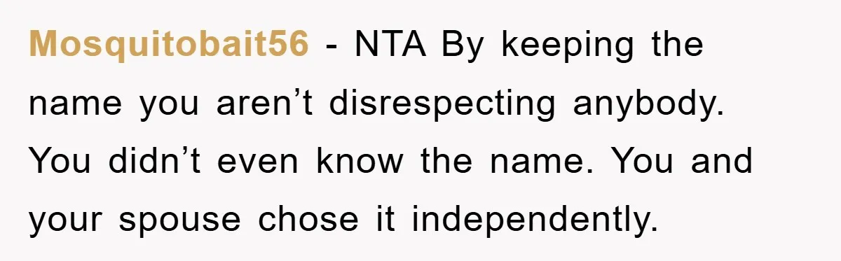 Mosquitobait56 − NTA By keeping the name you aren’t disrespecting anybody. You didn’t even know the name. You and your spouse chose it independently.