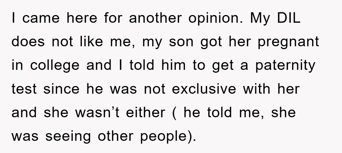 I came here for another opinion. My DIL does not like me, my son got her pregnant in college and I told him to get a paternity test since he...