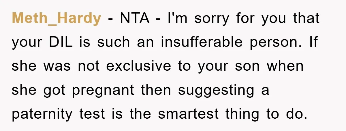Meth_Hardy − NTA - I'm sorry for you that your DIL is such an insufferable person. If she was not exclusive to your son when she got pregnant then suggesting...
