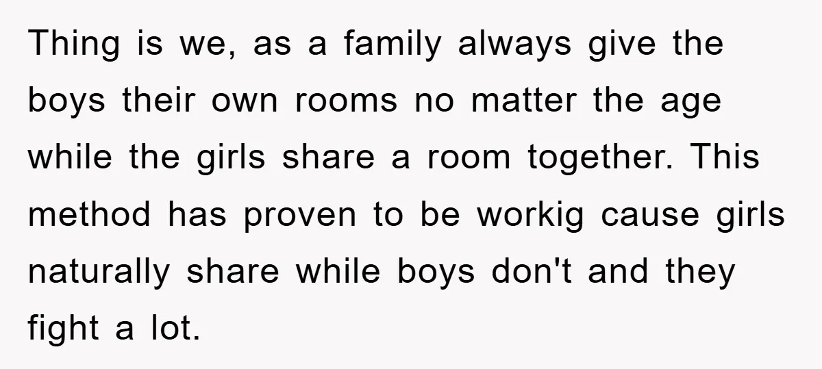 Thing is we, as a family always give the boys their own rooms no matter the age while the girls share a room together. This method has proven to be...